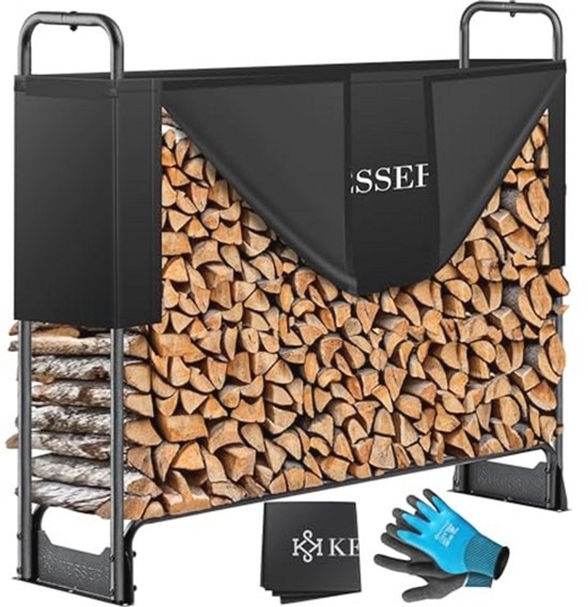 Metalen Brandhoutrek voor Buiten - 130 x 36 x 117 cm - Robuuste Houtopslag met Afdekking en Handschoenen - Waterdicht en Flexibel
