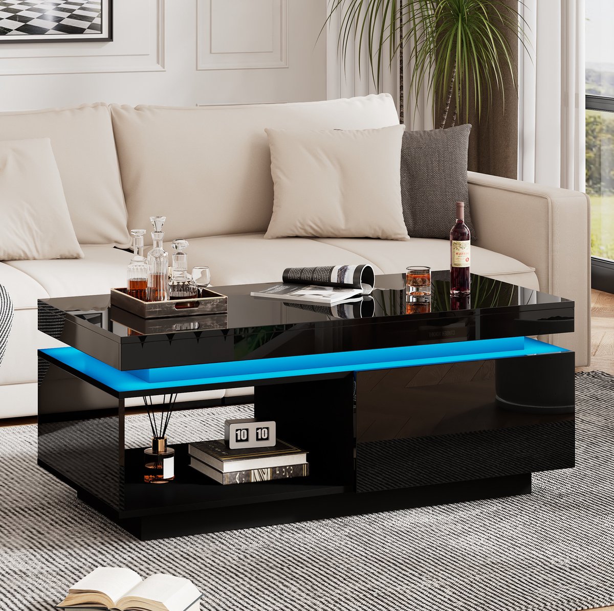 MEUNIQ Salontafel 100 x 50 x 40,3 cm met hoogglans afwerking, geïntegreerde ledverlichting en lade voor de woonkamer - Zwart