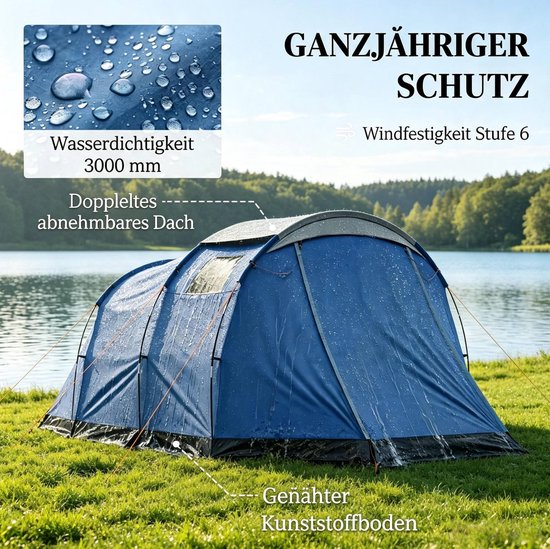 DESMIU Tunneltent - 4 Personen - 460 x 260 x 190 cm - Polyester - Blauw - Stahoogte 190 cm, Dubbele Wand Met Voorluifel — afbeelding 4