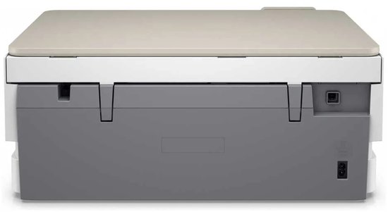 Achterkant van een witte HP Envy Inspire printer met grijze onderkant.