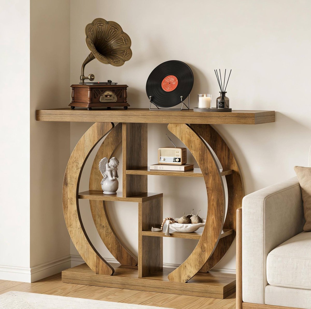 REDOM Sidetable - 4 opberglagen - Smal ontwerp - Opbergruimte - Landelijke stijl - Hal of woonkamer - Hout - Bruin - 108 x 29 x 82 cm
