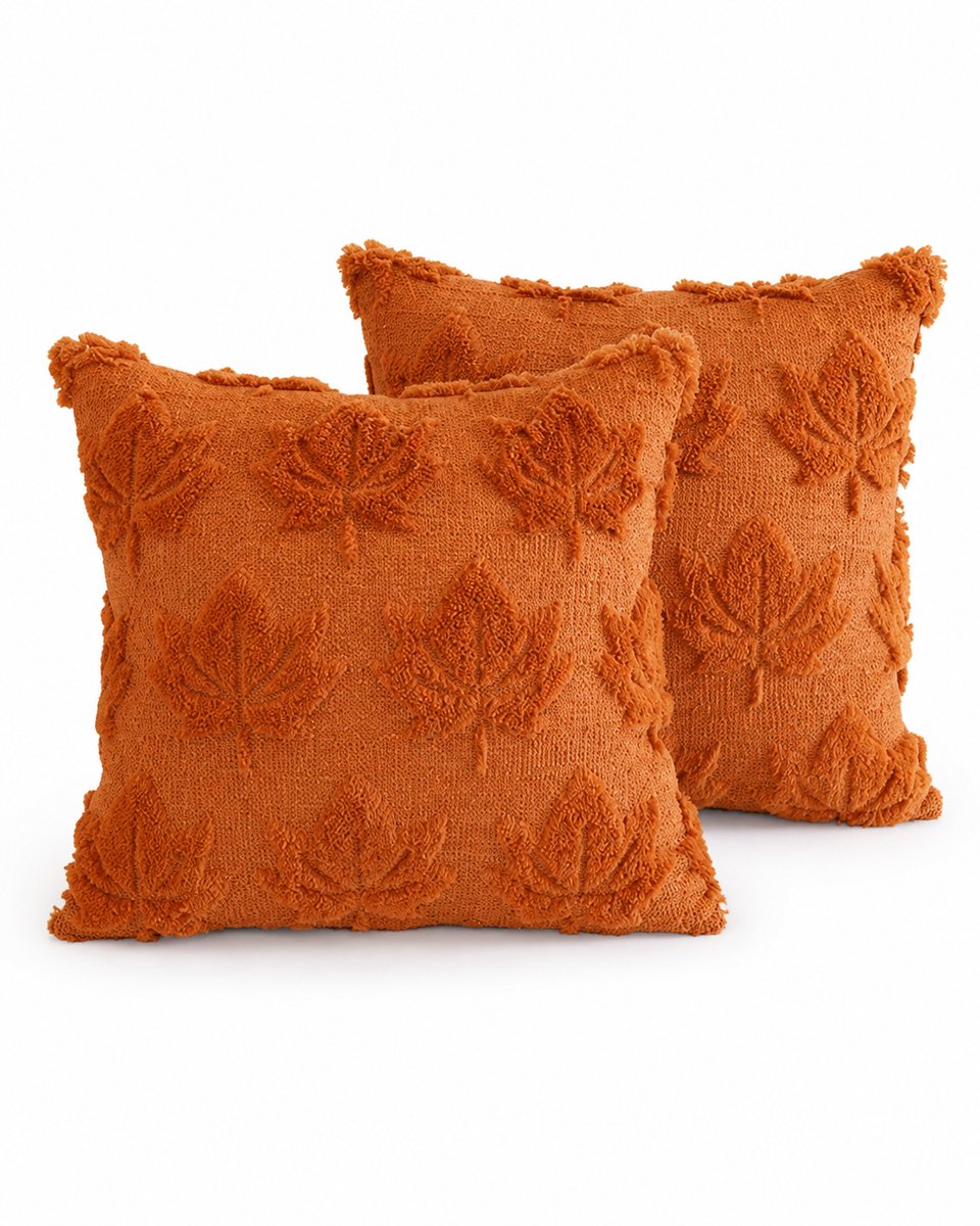 Bobypet Sierkussenhoes - 45x45 cm - 2 Stucks - Imitatiewol Kussenhoes met Herfstbladeren en Pompoen Motief - Voor Bank en Slaapkamer - Bruin