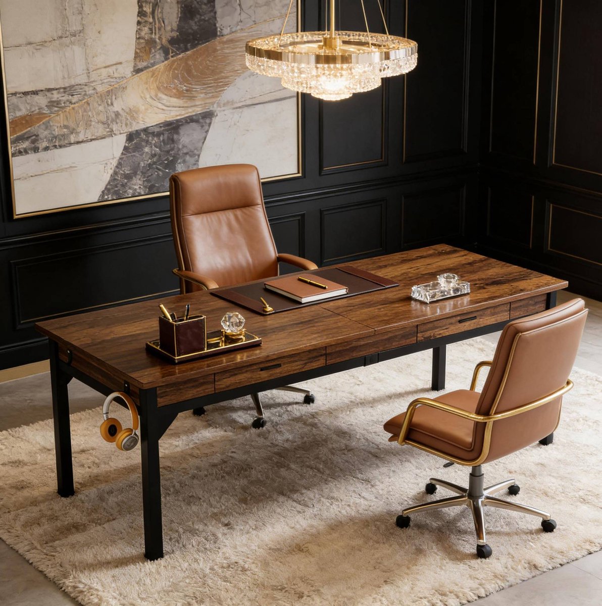 MEUNIQ Dubbel bureau 200 x 60 x 82 cm met 2 lades en 2 haken, computertafel voor twee personen, metalen frame, zwart en rustiek bruin