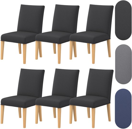 Zes donkergrijze stoelhoezen met houten stoelpoten, naast kleurstalen in donkergrijs, grijs en blauw.