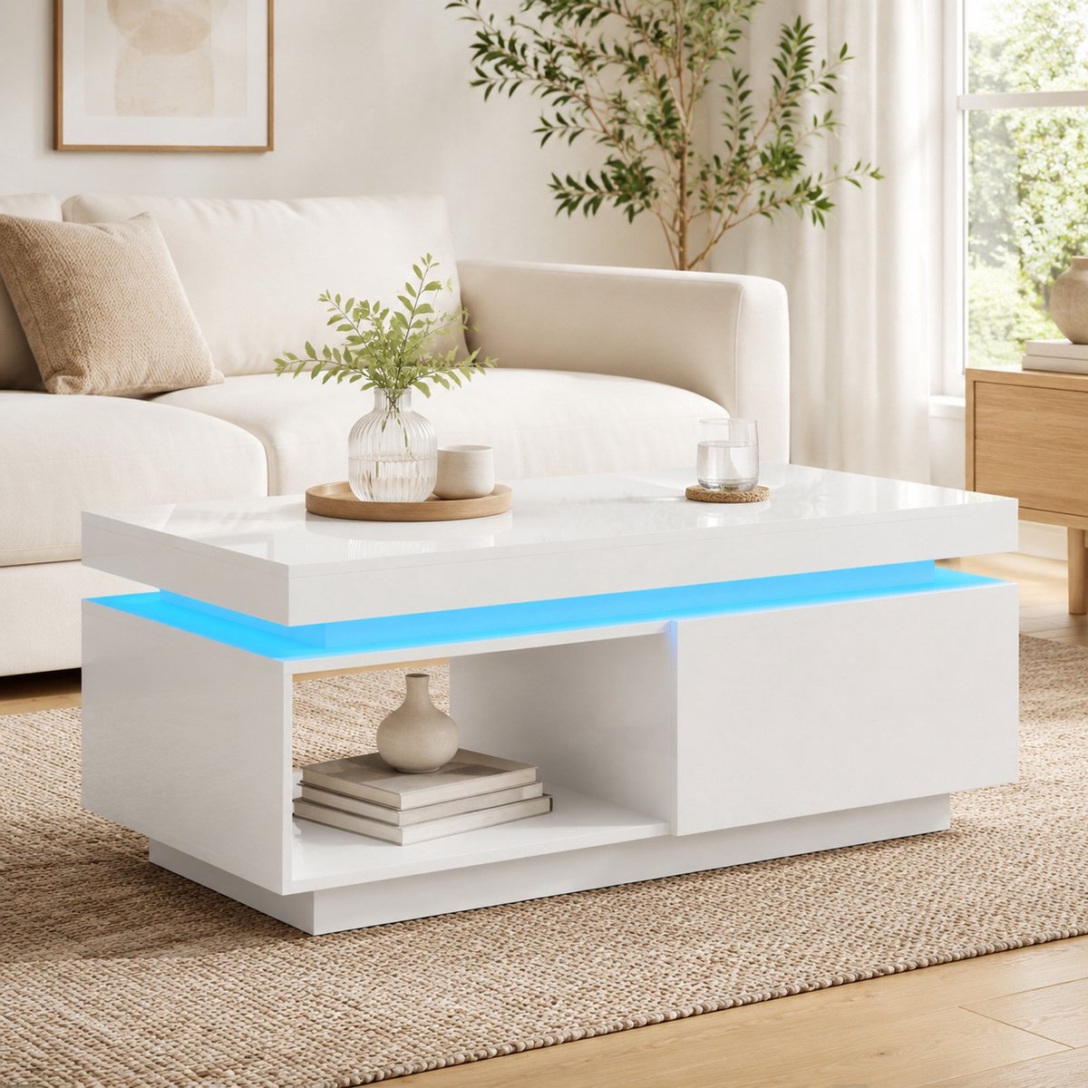MEUNIQ Salontafel 100 x 50 x 40,3 cm met LED-verlichting, lade en open opbergvak, hoogglans wit, rechthoekige tafel voor woonkamer