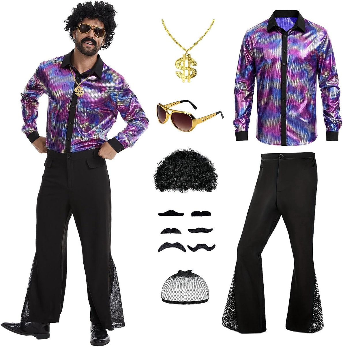 '70 discokostuum voor heren, jaren 80, hippiekostuum met paillettenhemd, slagbroek en discoaccessoires voor carnaval, Halloween