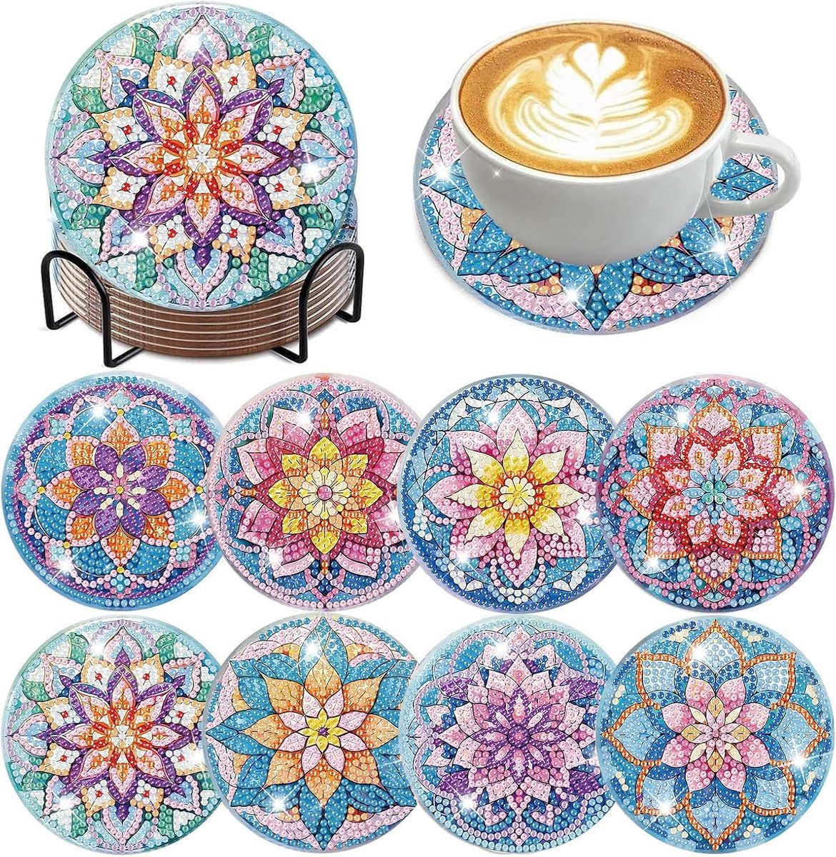 Art Onderzetters met houders, 8 stuks, mandala diamond painting voor volwassenen, doe-het-zelf diamond painting onderzetters, antislip, voor beginners, volwassenen en kinderen, 10 x 10 cm
