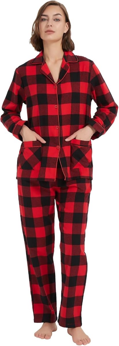 Pyjamaset voor koppels, 100% katoen, flanel, pyjama voor paren, zachte pyjama met zakken