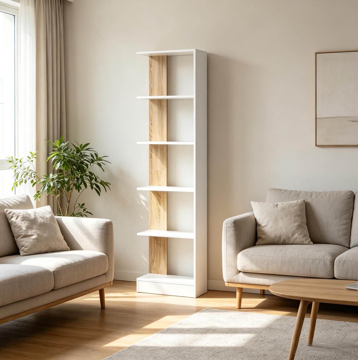 DESMIU Boekenkast – 45 x 21 x 170 cm – Open Ontwerp Met Vijf Vakken – Spaanplaat – Wit En Eikenkleur – Voor Woonkamer, Slaapkamer Of Kantoor