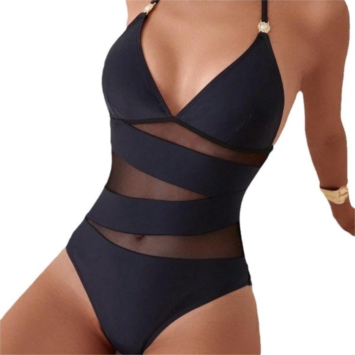 Piece Swimsuit For Women, Sexy Black Mesh V Neck Beachwear Tummy Control Suspenders Backless Swimming Costume