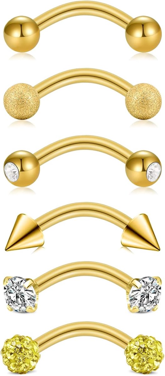 Piercing voor wenkbrauwen, zilver, goud, roségoud, 16 g, 8 mm, rook