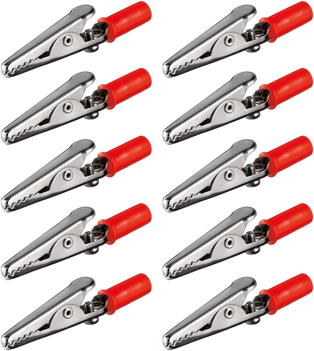 10 x krokodillenklemmen, rood, 55 mm, met schroef, metalen klemmen, kunststof handgreep, banaansteker, afgrijpklemmen, clips, alligator, 10 stuks