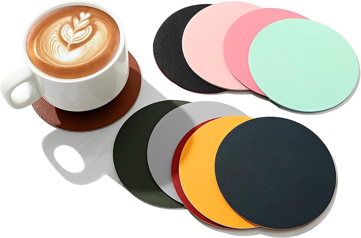 Dubbelzijdige leren onderzetters voor glazen, niet-slip, 10 cm, set van 10, ideaal voor koffie- en theekoppen, stijlvolle bescherming voor tafeloppervlaktes