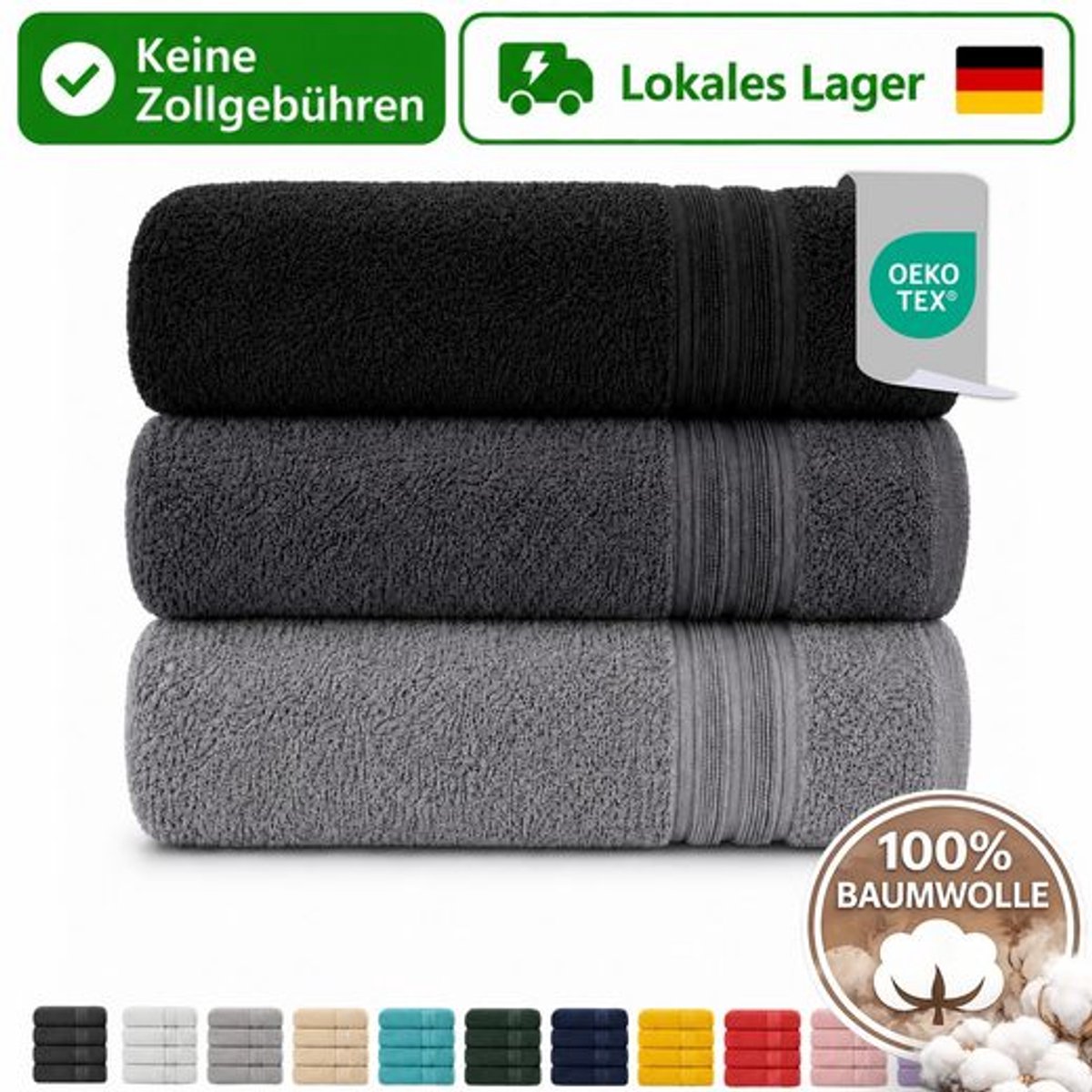 Komfortec Set van 3 Badhanddoek 100x200 cm van 100% Katoen, XXL Saunahanddoek, Grote Douchehanddoek, Zacht & Absorberend, Antraciet&Grijs&Zwart