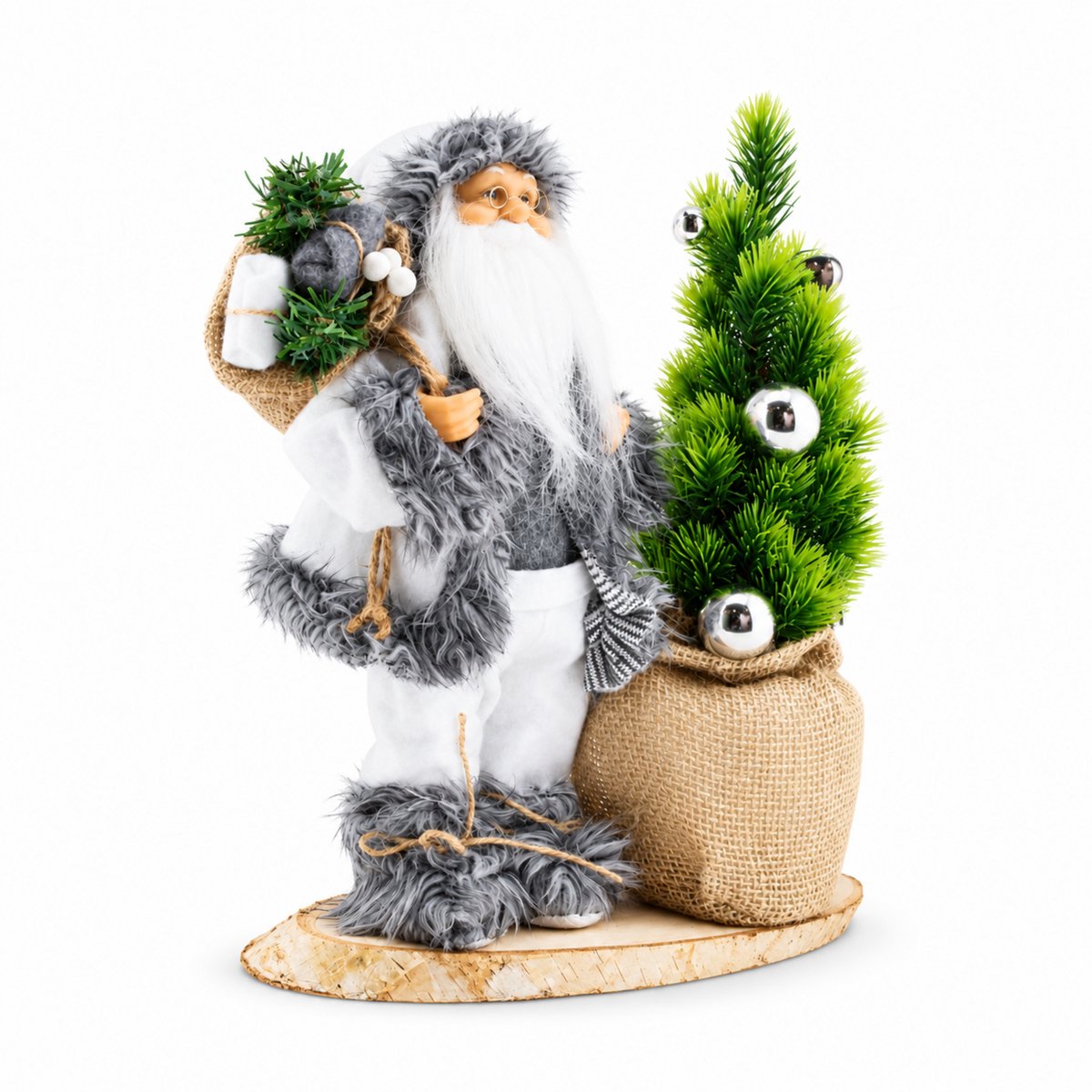 Benza – Kerstman met Verlichte Kerstboom – 30 cm – Zilverkleurige Kerstballen – Op Houten Voet – Wit met Grijze Bontrand