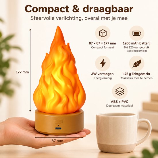 Vlamlamp - Oplaadbare LED nachtlamp met realistisch vlameffect en 3 lichtstanden - USB-oplaadbare tafellamp voor sfeerverlichting thuis en op de camping - Halloween - Halloween decoratie van VHV — afbeelding 2