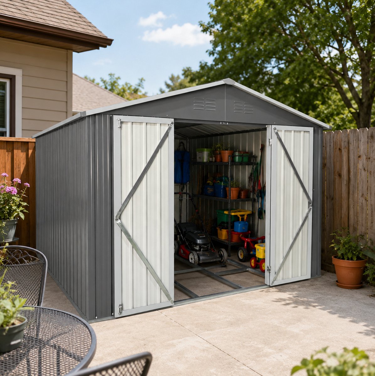 REDOM - Gereedschapsschuur - Gegalvaniseerd staal - Zadeldak met ventilatie - Dubbele deuren met slotvoorziening - Grijs - 258,8 x 313,4 x 191,5 cm