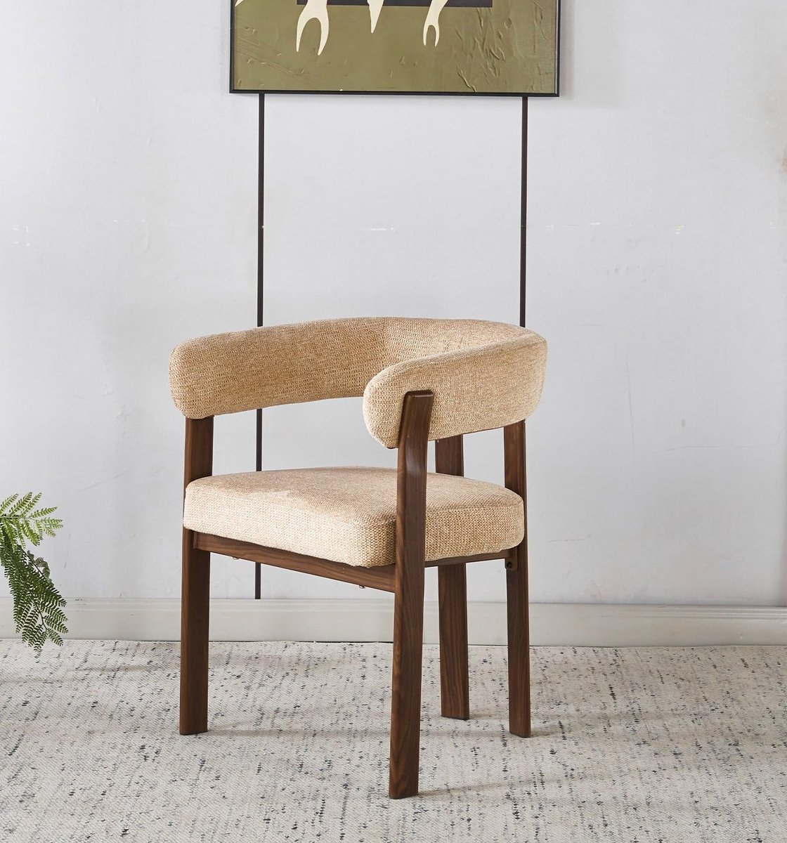 Eetkamerstoel Tammy Bruin – Japandi Eetstoel met Walnoot Uitstraling & Chenille Stof – Japanse Stijl Stoel met Zachte Bekleding – Decoratieve Zitstoel voor Eetkamer, Woonkamer & Eettafel