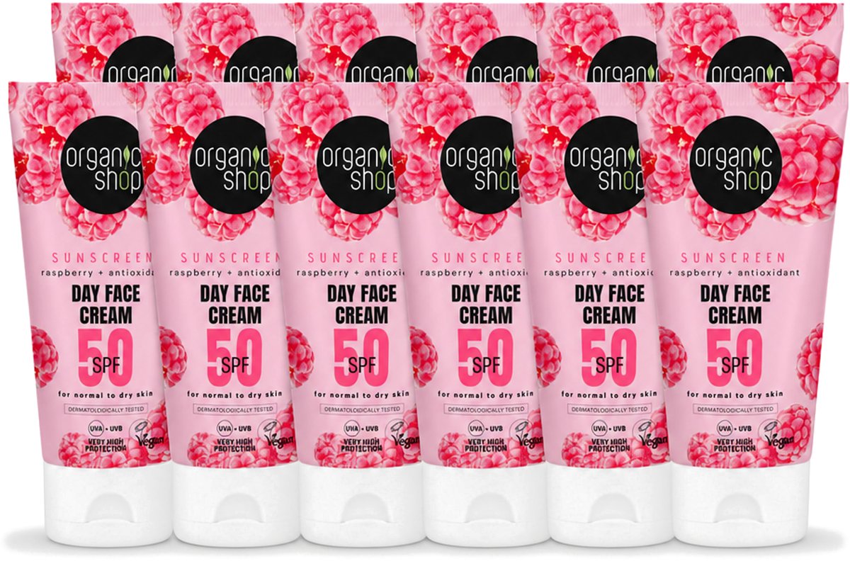12 x Organic Shop - Zonnebrandcrème Gezicht SPF 50 - Normale Huid - 50 ml - Voordeelverpakking - 12 stuks