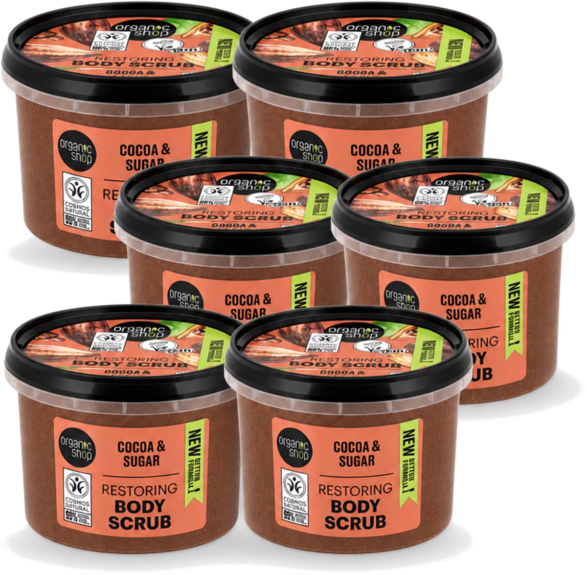 6 x Organic Shop - Body Scrub Cocoa - Rijke Hydratatie - 250 ml - Voordeelverpakking - 6 stuks