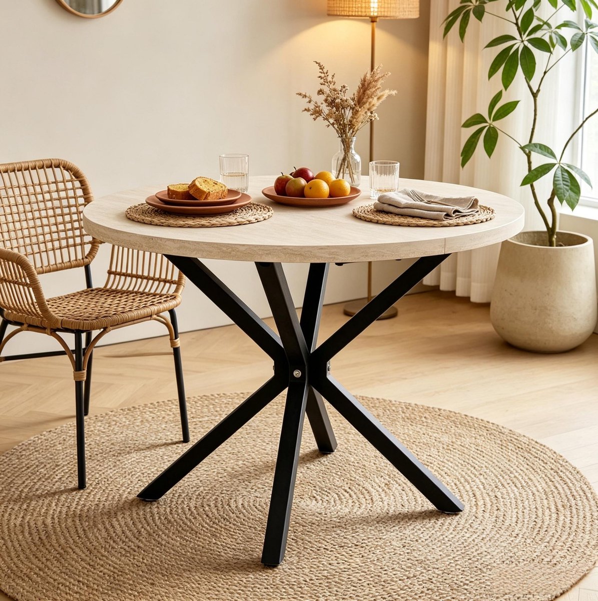 MODFU Ronde Eettafel - Metalen Kruispoot - Modern - MDF - Zwart - Houtlook - Ø 100 Cm