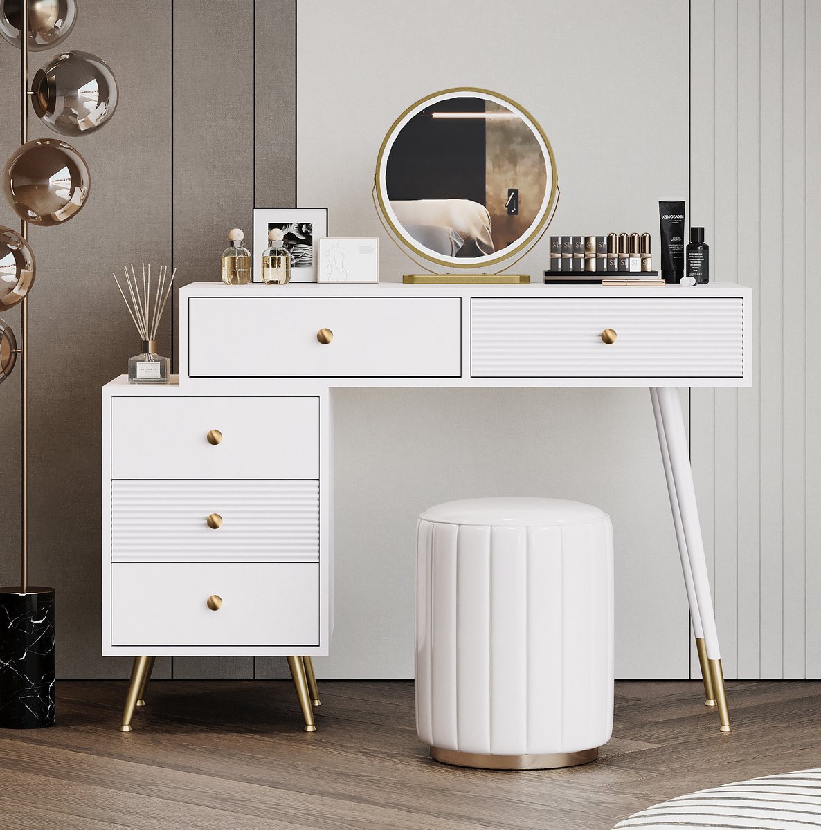 MEUNIQ Kaptafel 100 x 40 x 78 cm met LED-spiegel, lades en flexibel te plaatsen zijkast, MDF toilettafel voor slaapkamer en verzorgingshoek, wit