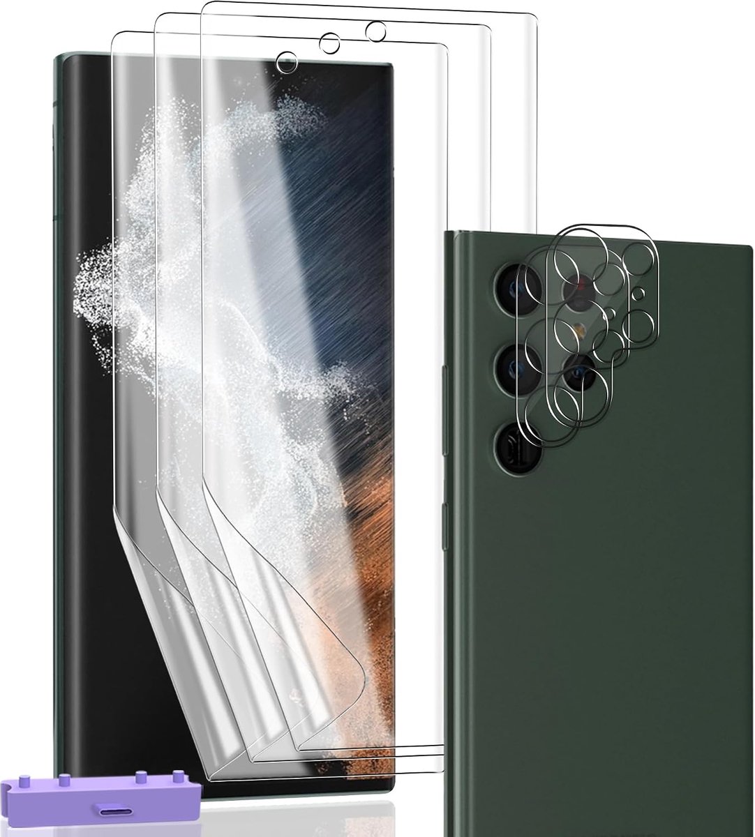 3 + 2 stuks TPU-displaybeschermfolie voor Samsung Galaxy S22 Ultra, flexibele hydrogel, installatieset, vingerafdruksensor, camera 9H, HD, transparant, krasbestendig