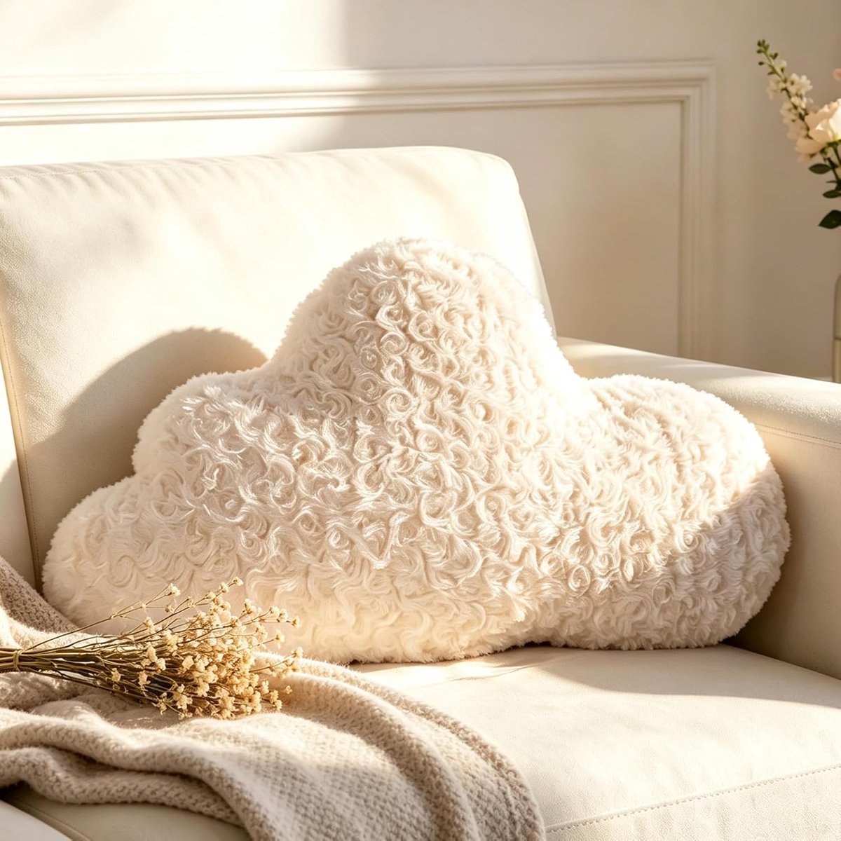 beige wolkenvormig kussen, knuffelkussen, schattig sierkussen, esthetisch, pluche wolken, sierkussen voor woonkamer, bank, kind, slaapkamer, bed, cadeau, 54 x 33 cm