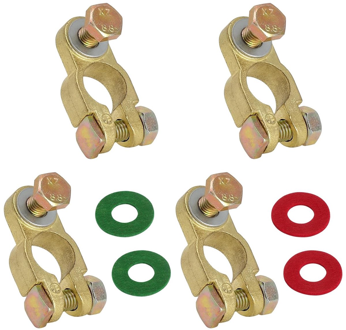 4 stuks autoaccuklemmen 12 V positieve en negatieve accuklemmen met 4 corrosiebestendige lagers, batterijaansluitingen van koper-zinklegering, voor auto, vrachtwagen, camper, boot