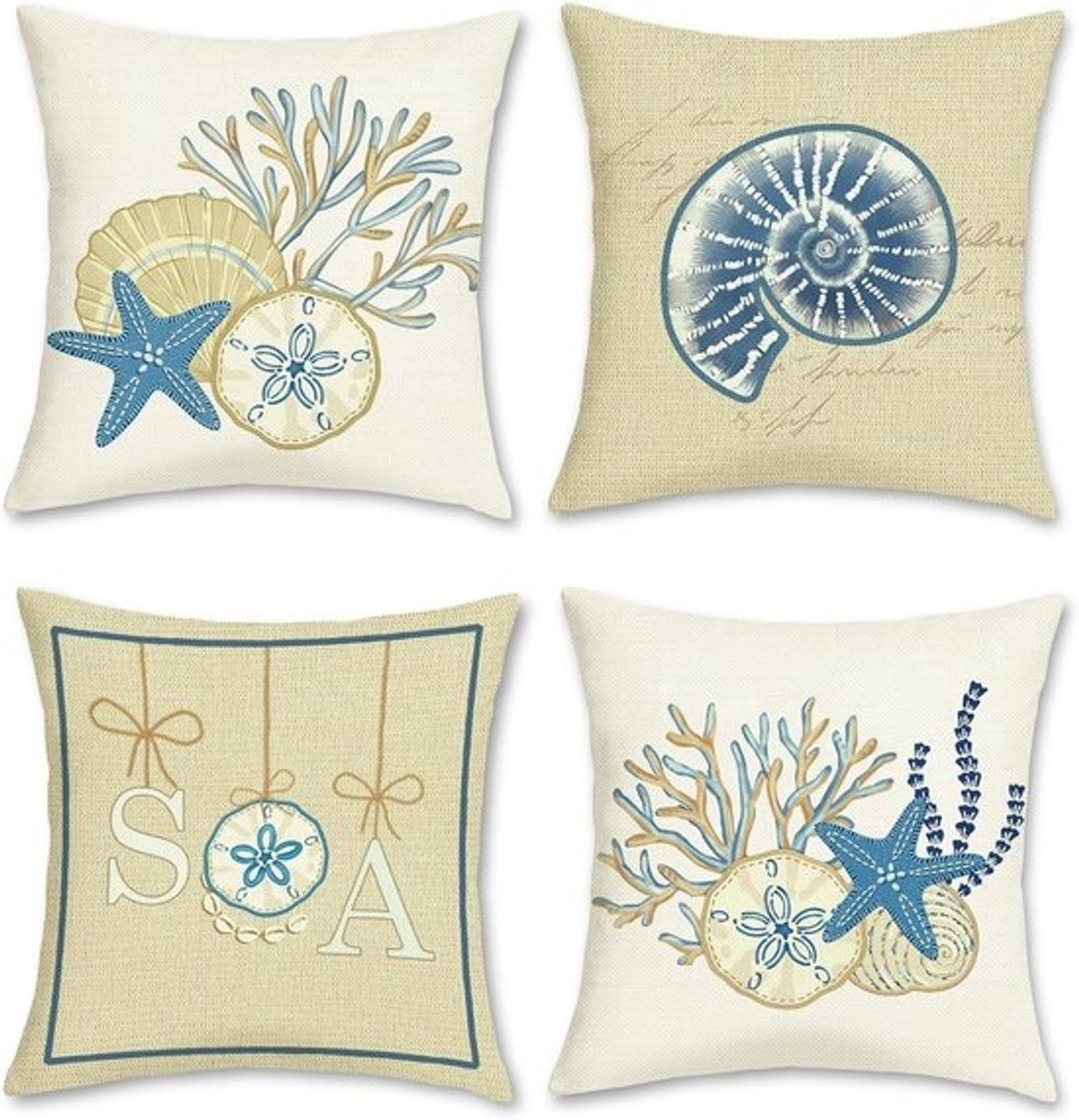 Coastal Kussenhoezen 45 x 45 cm, Set van 4, Decoratief met Sterren en Schelpen voor Woonkamer, Sofa en Thuis, Zomer Beige Blauw