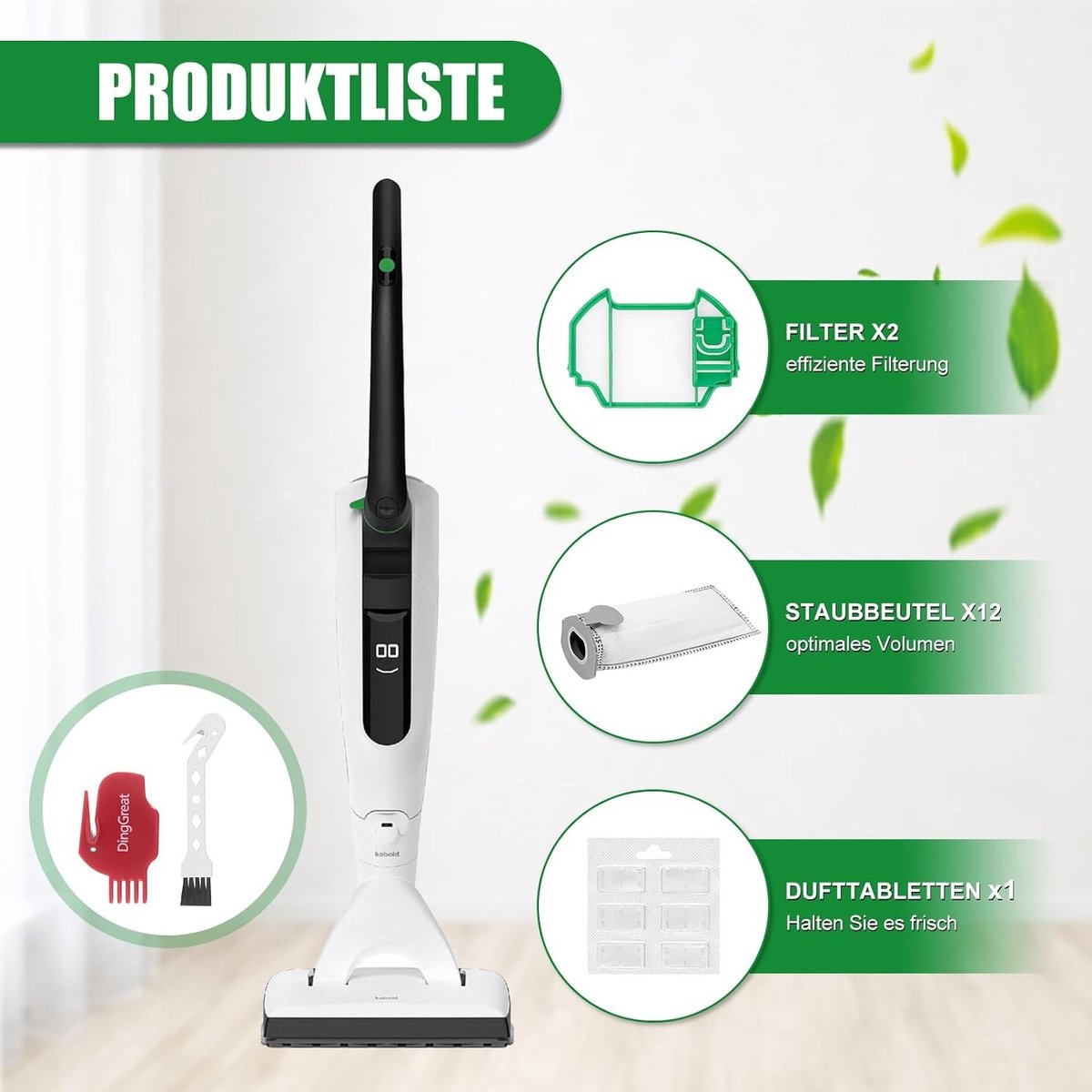 12 stofzuigerzakken met 2 HEPA-filters, geurstof en 2 reinigingsborstels voor optimale reiniging en compatibiliteit met Vorwerk accuzakken VK7 en FP7