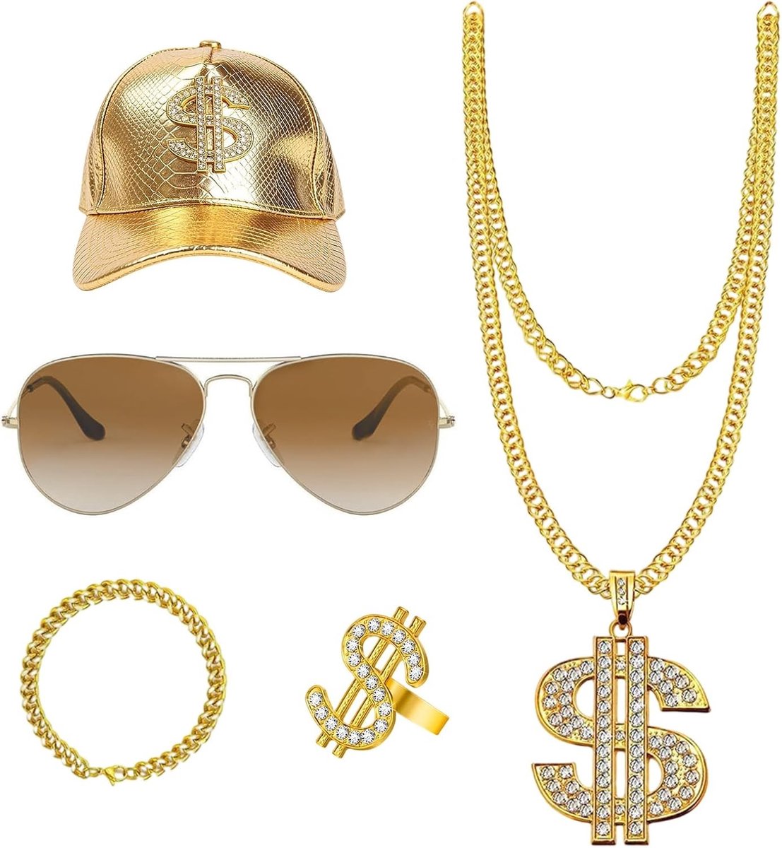 Complete 90s Hip Hop Kostuum Set met Gouden Hoed, Dollar Ketting, Zonnebril en Armband voor Carnaval en Feestjes