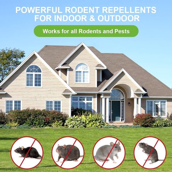 Een modern huis met voortuin en een gazon. Vier cirkels met afbeeldingen van een kruis door vier verschillende muizen/ratten. Tekst: 'POWERFUL RODENT REPELLENTS FOR INDOOR & OUTDOOR Works for all Rodents and Pests'.