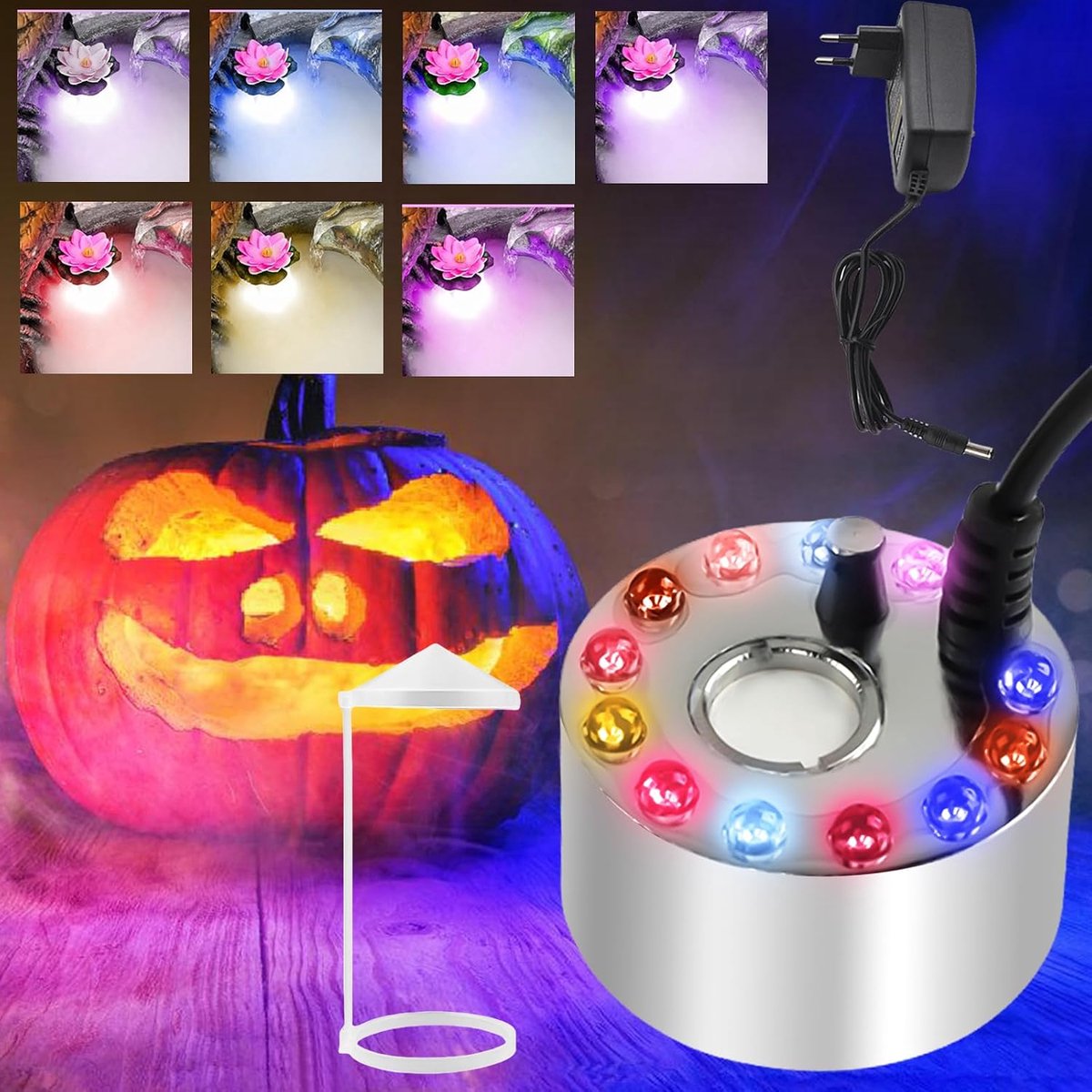 Nevelmaker, mistmaker met witte afneembare spatbescherming, nebulizer, mistmachine, mini-mistmachine met 12 lampen voor waterfontein, vijver, pot, rotstuin, feestdagen, Halloween (20 mm)