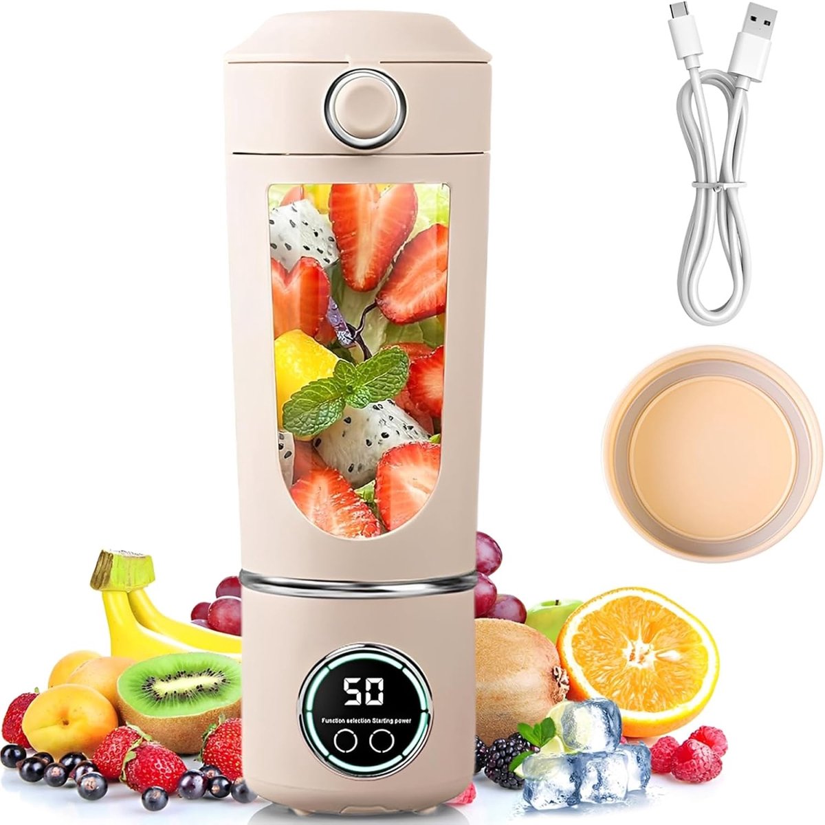 Mixer, 700 ml blender, smoothie, mini-blender met 12 roestvrijstalen messen en digitaal display, oplaadbare shakes en smoothie-maker, kleiner voor reizen, keuken, kantoor, fitness (beige)