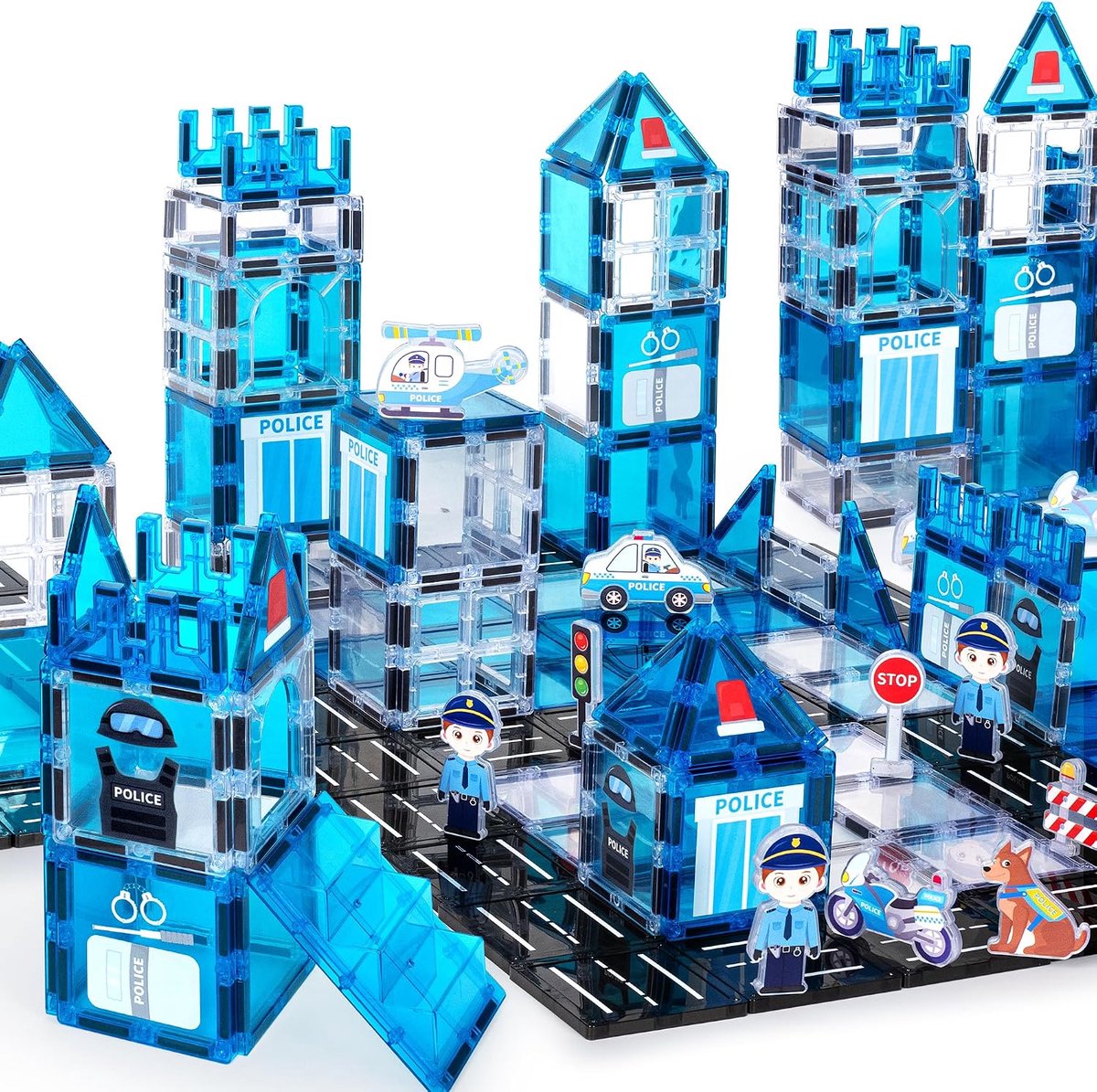 Magnetische bouwstenen, 42 stuks magnetische bouwstenen voor kinderen, politie-thema, magnetisch spel voor kinderen, magnetisch speelgoed voor cadeau, 4, 5, 6, 7, 8 jaar, jongens en
