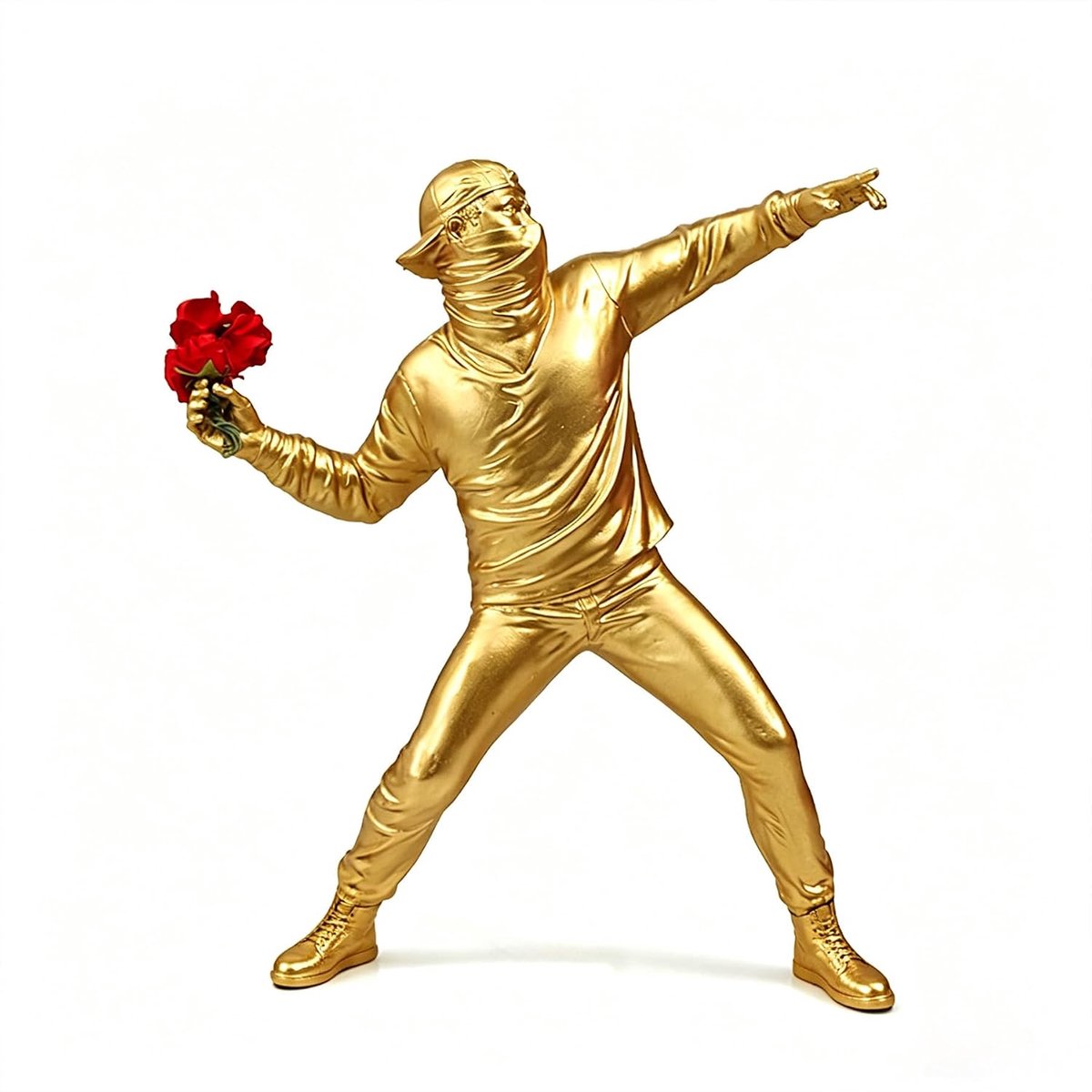 Sculptuur van de bloemenwerper, harsfiguur, zwart met rode rozen, street-art decoratie voor woonkamer (goud)