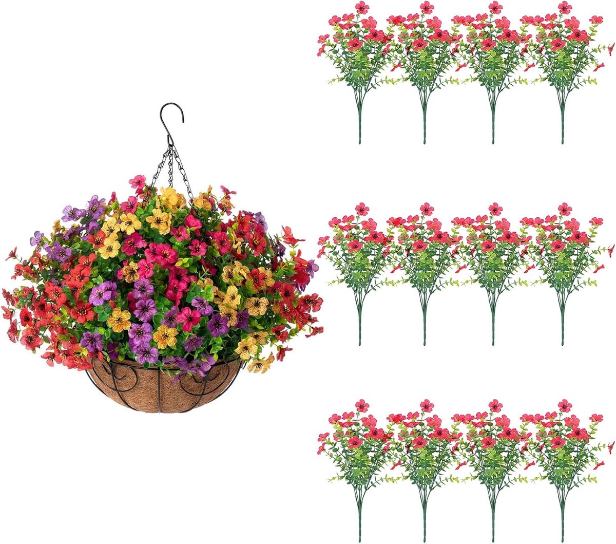Kunsthangende bloemen voor buiten - 6 stuks realistische faux violette boeketten met eucalyptus, UV-bestendige nephangplanten voor tuin, terras, balkondecoratie (rood)