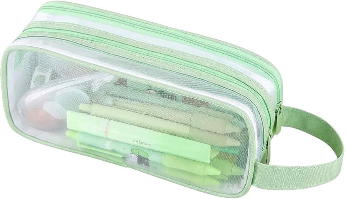 Schooletui van netstof, mintgroen, grote capaciteit, transparante schrijfwaren-organizer voor studenten, school, kantoor en cosmetica, licht en robuust design