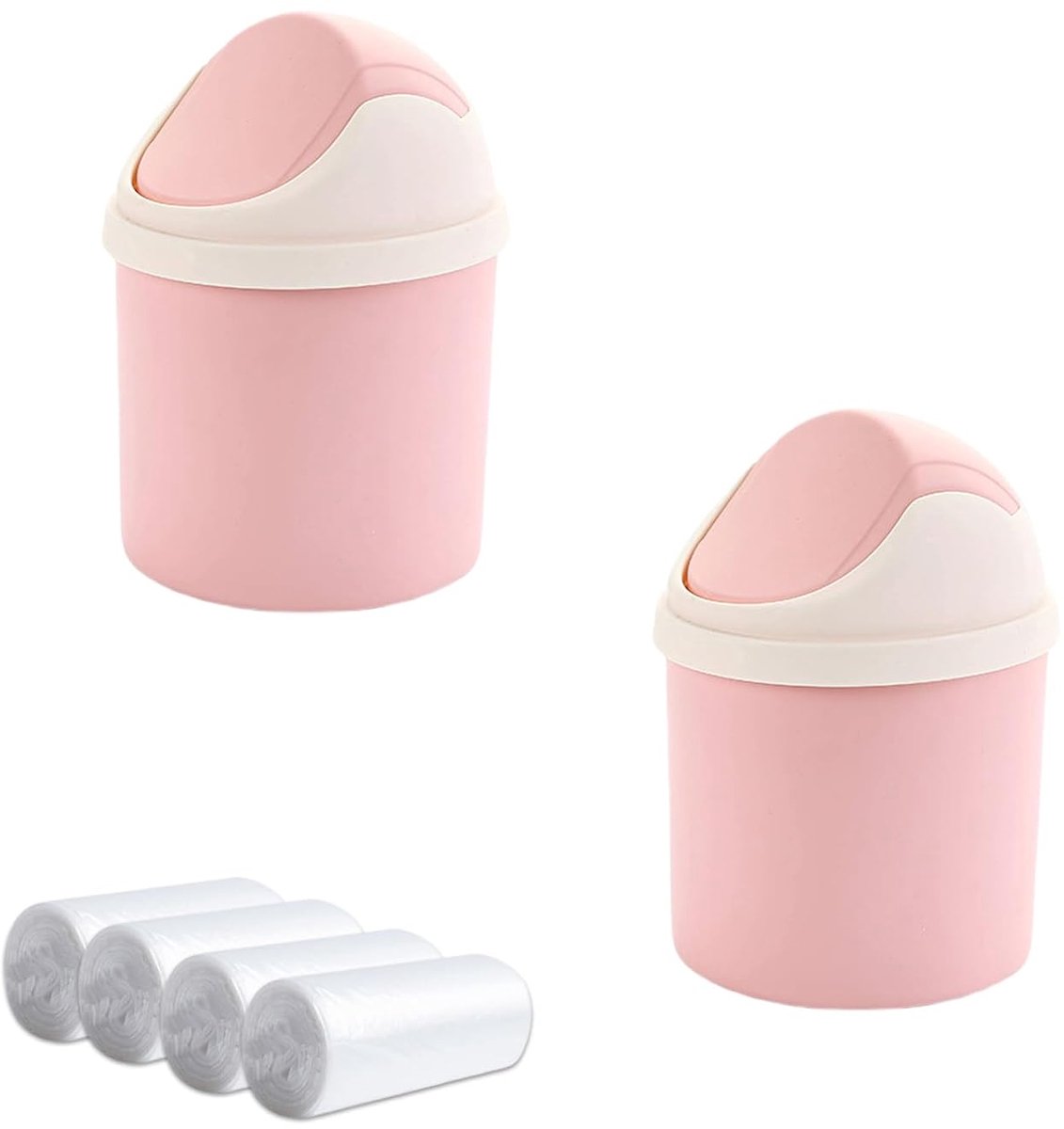 2 stuks tafelafvalemmer met deksel en 4 wielen vuilniszakken, desktop-vuilnisemmer schattig, mini kleine cosmetica-emmer voor tafelblad, ijdelheid, thuis, kantoor, auto, roze