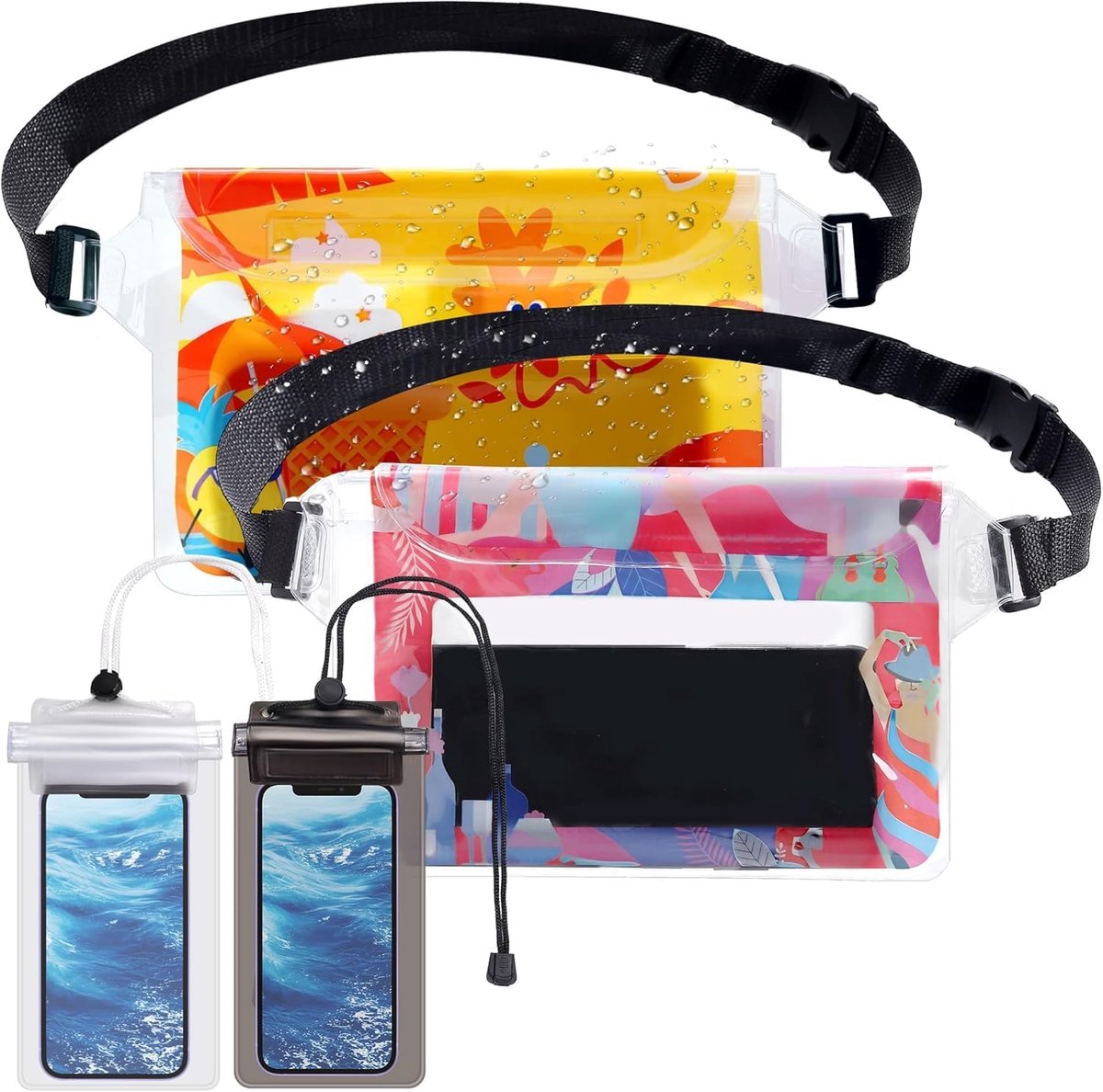 Tas, 4 stuks, waterdichte telefoonhoes, waterdicht, onderwater, waterbestendige heuptas, Hawaïaans patroon, mobiele telefoon, waterdichte tas, beschermhoes voor watersport, zwemmen, raften