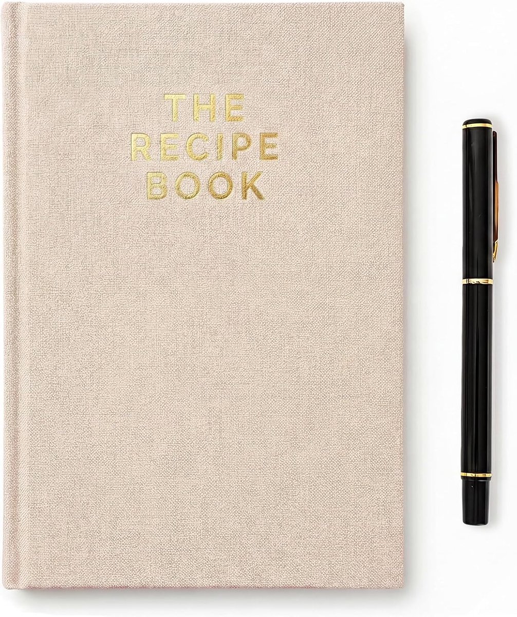 Receptenboek, beige, personaliseerbaar notitieboek voor het bijhouden van je eigen voedingsdagboek, doe-het-zelf receptenboek, inclusief pen
