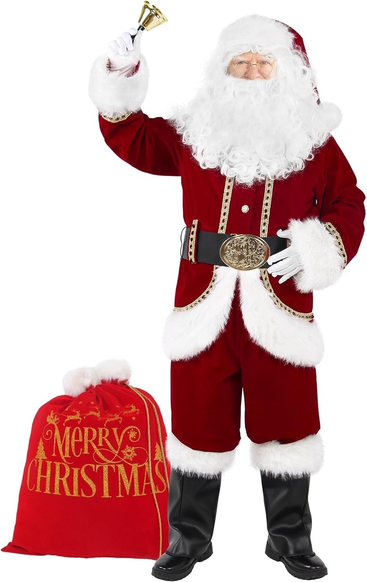 Kerstkostuum voor heren, set voor volwassenen, 11 stuks, luxe kerstmankostuum, fluweel, voor Kerstmis, vakantie, feest, cosplay