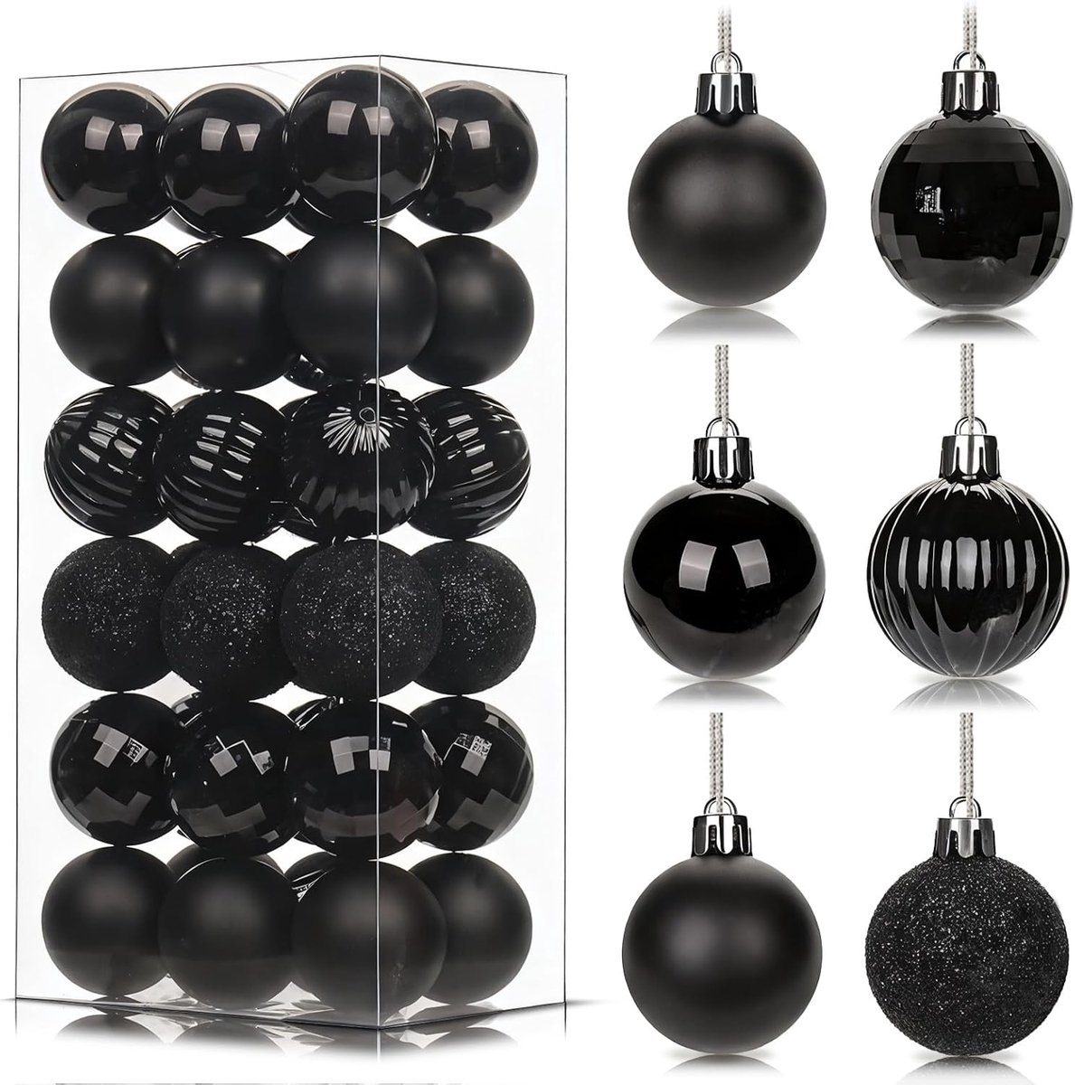Kerstballen voor kerstboom, 4 cm mini onbreekbare plastic kerstballen ornamenten met touwtjes, 6 design kerstballen hangende ballen voor binnen, buiten, Kerstmis, nieuwjaarsfeest
