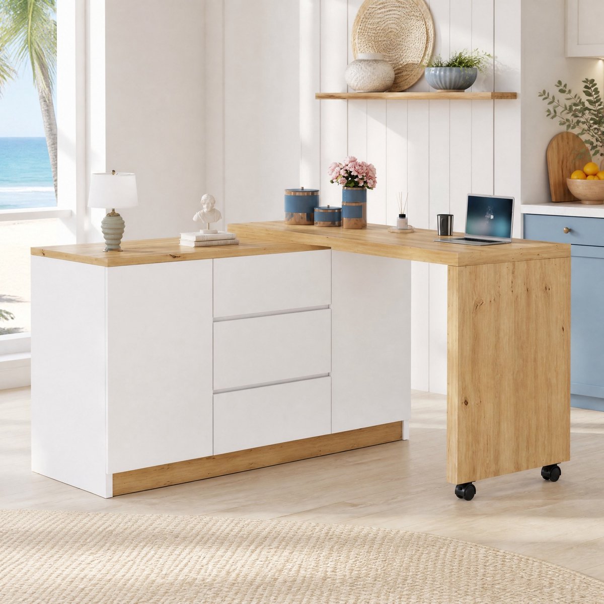 MEUNIQ Opklapbaar draaibaar bureau 120 x 50 x 76,5 cm met 2 deuren, 3 lades en 2 vergrendelbare wielen – L-vormig hoekbureau en dressoir, wit/eiken