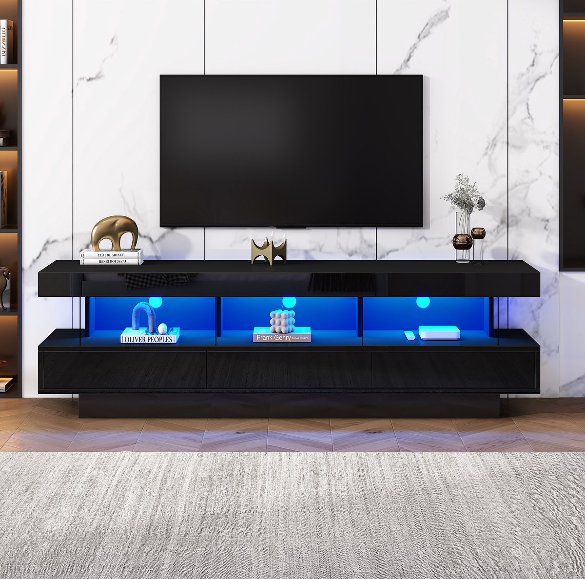 MEUNIQ TV-meubel 160 x 38 x 50,5 cm met 3 glazen legplanken, LED-verlichting met Bluetooth-appbediening en kabelmanagement voor woonkamer, zwart hoogglans