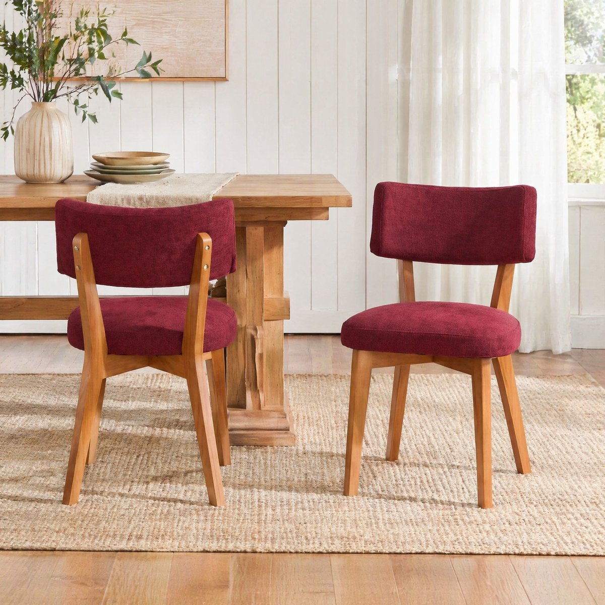 MEUNIQ Eetkamerstoel set van 2 – bordeauxrode stoffen zitting en rugleuning, houten poten, zithoogte 46 cm, voor eetkamer, kantoor of woonkamer Bordeauxrood