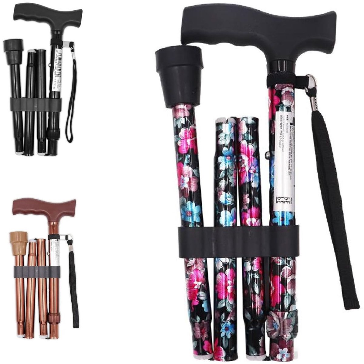 Zolvano® Wandelstok Opvouwbaar - Wandelstokken Dames en Heren - Bloemen zwart