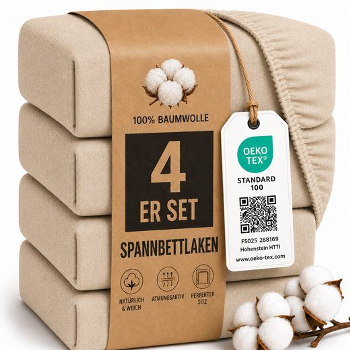 Komfortec Jersey Stretch 4-delige Hoeslaken Set 140x200 cm, 23 cm Matrasdikte, Rondom Elastiek, 100% Katoen, Beige