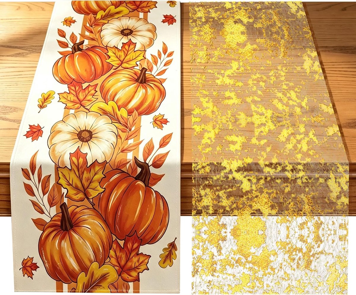 2 Stuks Herfst Tafelloper, Oranje Gouden Tafelloper voor de Herfst, Pompoen en Esdoornblad Loper Herfst Decoratie voor Eettafel en Herfstfeest